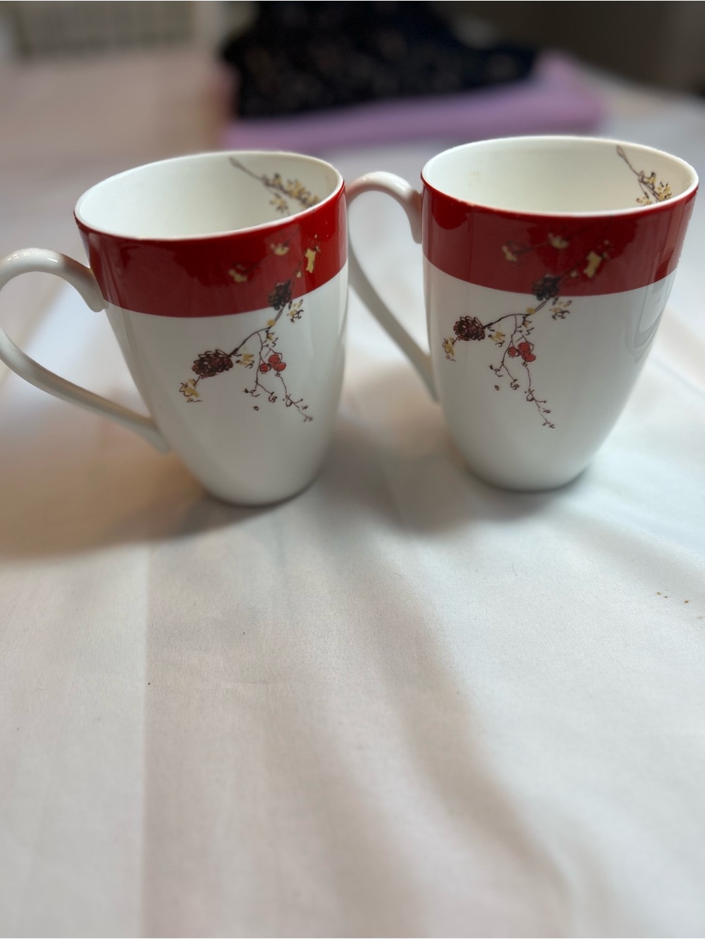 Lenox White Holiday Mug Pair with Red Band and Pinecone Motif delicate